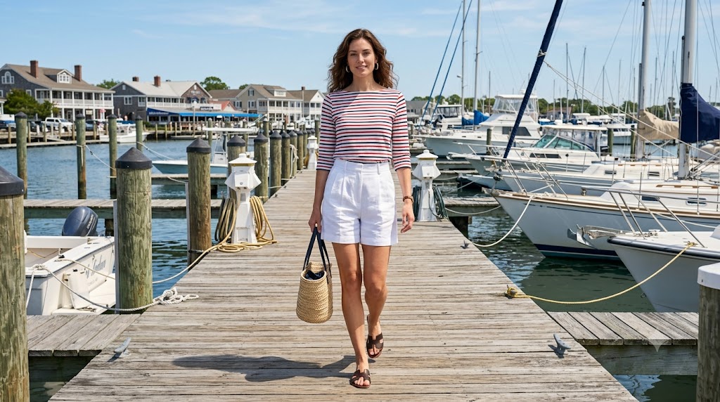 Red-and-Navy Multi-Striped Top & White Linen Shorts